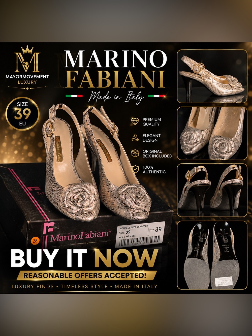 Marino Fabiani Metallic Silver Rose Slingback Heels Size 39 Made in Italy NIB